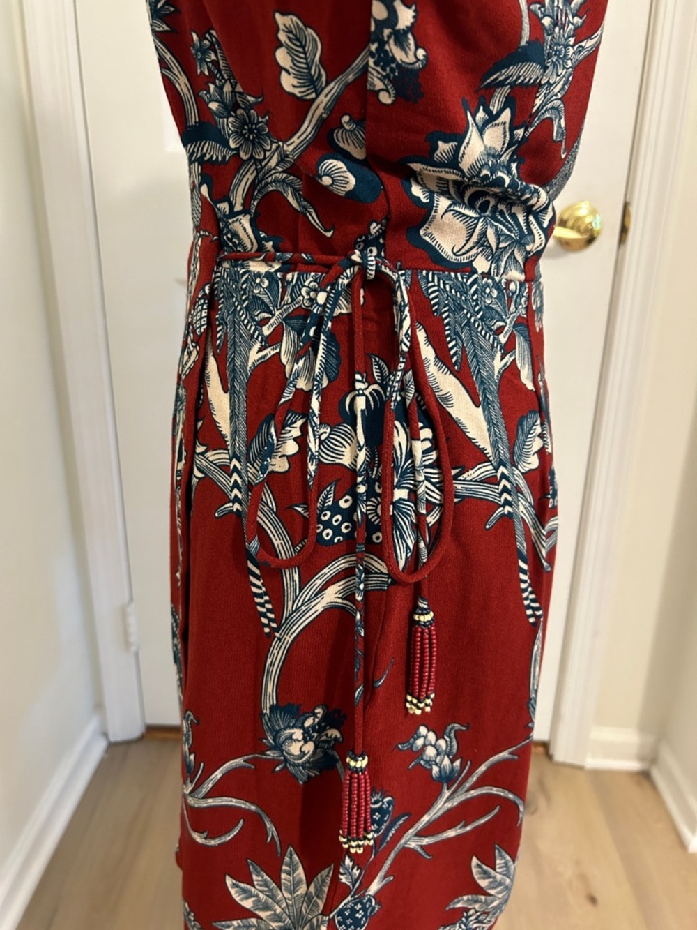 Farm Rio Tropical Landing Red Wrap Mini Dress NWT Size Small Beaded Tassels - Picture 9 of 16
